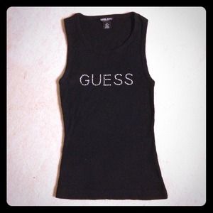 Guess Tops - GUESS RHINESTONE LOGO BLACK RIBBED TANK TOP Guess Tops - GUESS RHINESTONE LOGO BLACK RIBBED TANK TOP