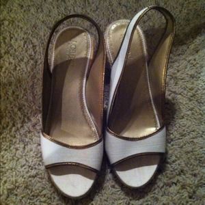 Beige jcrew wedges with gold detail. Never worn. Beige jcrew wedges with gold detail. Never worn.