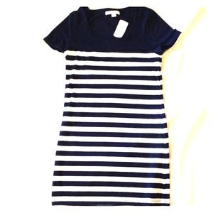 Navy blue and white striped dress. Navy blue and white striped dress.