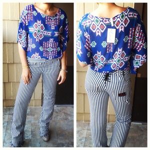 lush Tops - Blue Aztec Tribal Print Sheer Top lush Tops - Blue Aztec Tribal Print Sheer Top