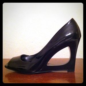 Black patent leather peep toe wedges Black patent leather peep toe wedges