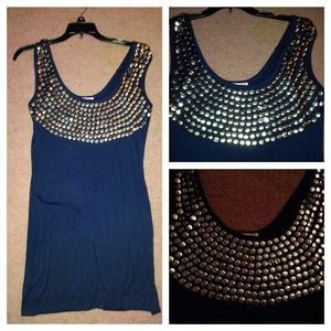 Navy Blue Dress with Silver Metal Circle Details Navy Blue Dress with Silver Metal Circle Details