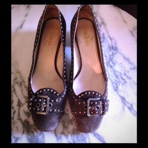 Prada Graphite suede studded buckle flats Prada Graphite suede studded buckle flats