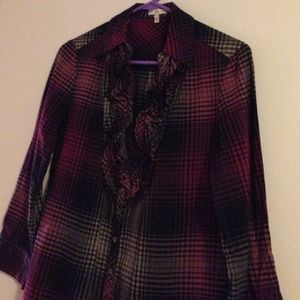 Purple, grey and black plaid shirt. Ruffle front! Purple, grey and black plaid shirt. Ruffle front!