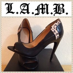 L.A.M.B.: Dora Black Leather Peep Toe Heel Shoes L.A.M.B.: Dora Black Leather Peep Toe Heel Shoes