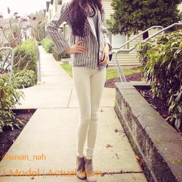Jackets & Blazers - Grey Strip linen casual boyfriend blazer/jacket Jackets & Blazers - Grey Strip linen casual boyfriend blazer/jacket