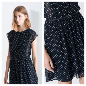 Printed polka dot dress with belt - navy Printed polka dot dress with belt - navy