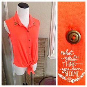 Neon Coral Tie Front Top Neon Coral Tie Front Top