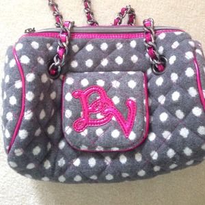 Grey with white dot handbag with hot pink accents Grey with white dot handbag with hot pink accents