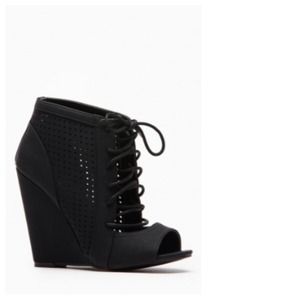Black Nubuck Laced-Up & Dot Cut Out Wedge Booties Black Nubuck Laced-Up & Dot Cut Out Wedge Booties