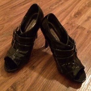 Black patten leather peep toe bootie Black patten leather peep toe bootie