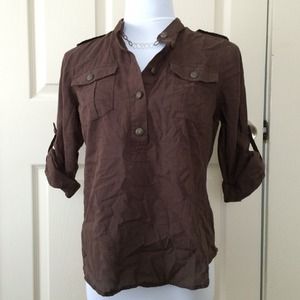 A.N.A. Tops - Brown Cotton Military Style Top with Epaulets PS A.N.A. Tops - Brown Cotton Military Style Top with Epaulets PS