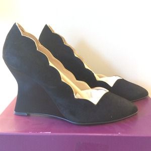 violet & red Shoes - Black Suede Scalloped Gold Wedges violet & red Shoes - Black Suede Scalloped Gold Wedges