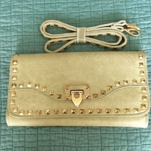 JustFab taupe studded clutch with cross body strap JustFab taupe studded clutch with cross body strap