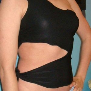 PRE-LOVED Black Laser Cut One Shoulder Top Small PRE-LOVED Black Laser Cut One Shoulder Top Small
