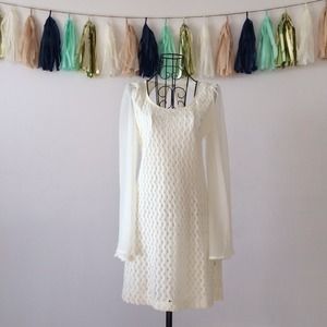 Foreign Exchange Dresses & Skirts - Cream Crochet Mini Dress w/ Chiffon Bell Sleeves Foreign Exchange Dresses & Skirts - Cream Crochet Mini Dress w/ Chiffon Bell Sleeves