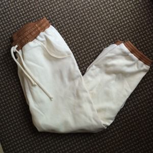 Piper Gore Pants - Cream wool sweatpants w/tan leather bands Piper Gore Pants - Cream wool sweatpants w/tan leather bands