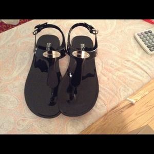 Black silver plate jelly t strap sandals Black silver plate jelly t strap sandals