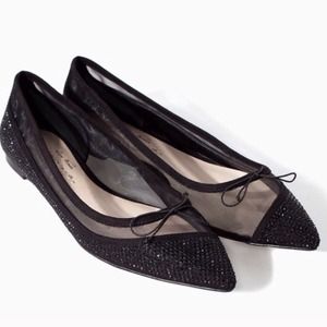 Leather black pointed flats with crystals and bow Leather black pointed flats with crystals and bow