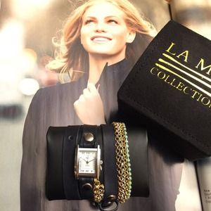 La Mer Collections navy leather wrap watch chain La Mer Collections navy leather wrap watch chain