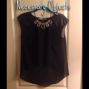Necessary Objects Tops - Black Sheer Top w/ Faux Leather Shoulders Necessary Objects Tops - Black Sheer Top w/ Faux Leather Shoulders