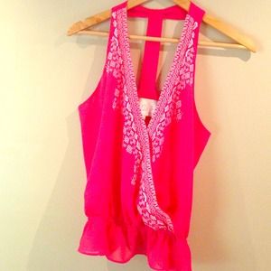 Hot pink w white stitch detail halter top Hot pink w white stitch detail halter top