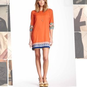Pink Owl 3/4 lengthsleeve printed trim shift dress Pink Owl 3/4 lengthsleeve printed trim shift dress