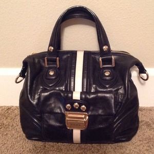 L.A.M.B. BLACK LEATHER WHITE STRIPE SATCHEL PURSE L.A.M.B. BLACK LEATHER WHITE STRIPE SATCHEL PURSE