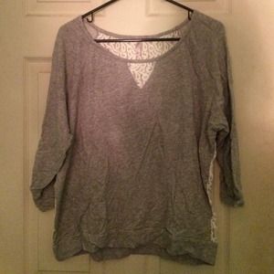 Exhilaration Sweaters - Grey & White Lace 3/4 Sleeve Light Sweater Exhilaration Sweaters - Grey & White Lace 3/4 Sleeve Light Sweater