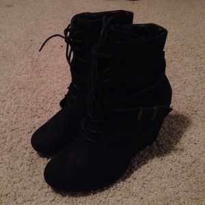 Diva Lounge Black wedge faux suede tie booties Diva Lounge Black wedge faux suede tie booties