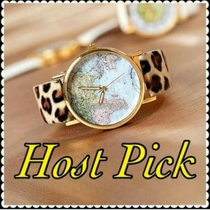 Host Pick World Map Watch Leopard Band Host Pick World Map Watch Leopard Band