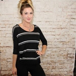  Striped Sheer Chiffon Back Black & White Tee Striped Sheer Chiffon Back Black & White Tee