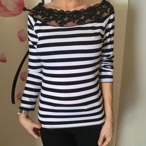 Black & White Striped Top w Lace Detail Black & White Striped Top w Lace Detail