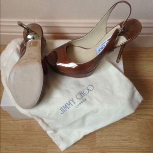 Jimmy Choo enamel patent metallic heel tan color Jimmy Choo enamel patent metallic heel tan color