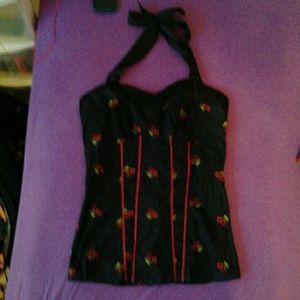 Black Orchid Tops - Black halter with cherries stitched on Black Orchid Tops - Black halter with cherries stitched on