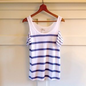 Tops - Kira open shoulder blue/white border tops tee Tops - Kira open shoulder blue/white border tops tee