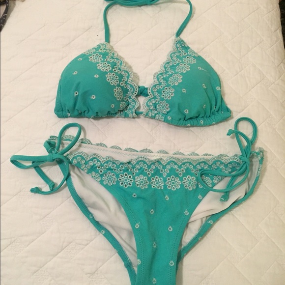 Swim Teal Bikini W White Flower Designs Poshmark
