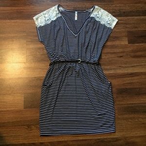Navy blue and white striped dress. Navy blue and white striped dress.