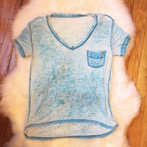 Tops - Blue Sheer Burnout V-Neck T-Shirt Tops - Blue Sheer Burnout V-Neck T-Shirt