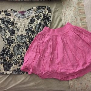 Floral Patterned Shirt & Pink Skirt Floral Patterned Shirt & Pink Skirt