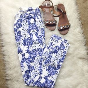 Cotton On Pants - White Skinny Jeans with Cobalt Floral Print Cotton On Pants - White Skinny Jeans with Cobalt Floral Print