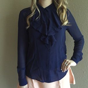 Tops - Sheer Navy Chiffon Ruffle Top Tops - Sheer Navy Chiffon Ruffle Top
