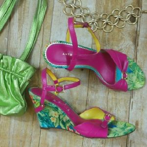 ANTONIO MELANI Shoes - Antonio Melani leather and floral satin wedges ANTONIO MELANI Shoes - Antonio Melani leather and floral satin wedges