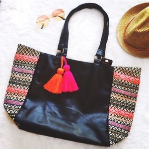 Karma Handbags - Faux Leather Boho Tribal Print Tote w/ Pom Poms Karma Handbags - Faux Leather Boho Tribal Print Tote w/ Pom Poms