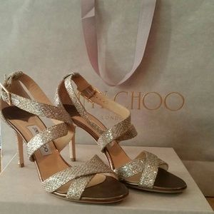 JIMMY CHOO SHOES: LOUISE CHAMPAGNE GLITTER FABRIC JIMMY CHOO SHOES: LOUISE CHAMPAGNE GLITTER FABRIC