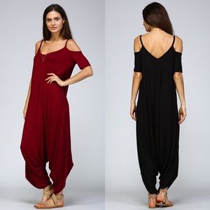 Pants - Open Shoulder Harem Jumpsuit - BURGUNDY ONLY Pants - Open Shoulder Harem Jumpsuit - BURGUNDY ONLY