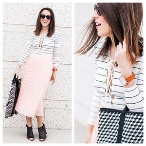 Tops - Black and white stripe lace-up body suit Tops - Black and white stripe lace-up body suit