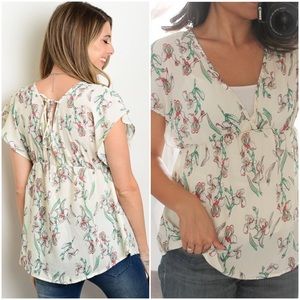 Tops - Ivory & Green Floral Babydoll Blouse Tops - Ivory & Green Floral Babydoll Blouse