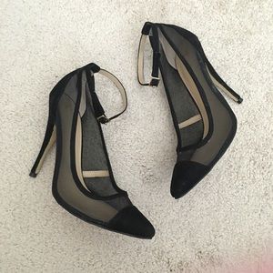 Shoes - Black Mesh Pointed Toe Ankle Strap Heels Shoes - Black Mesh Pointed Toe Ankle Strap Heels