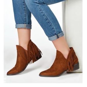 JustFab Shoes - Whiskey Brown Suede Fringe Ankle Boots JustFab Shoes - Whiskey Brown Suede Fringe Ankle Boots